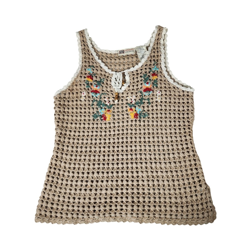 Vintage Y2k Faded Glory Tan Crochet Embroidered‎ Floral Tank Top Boho Small